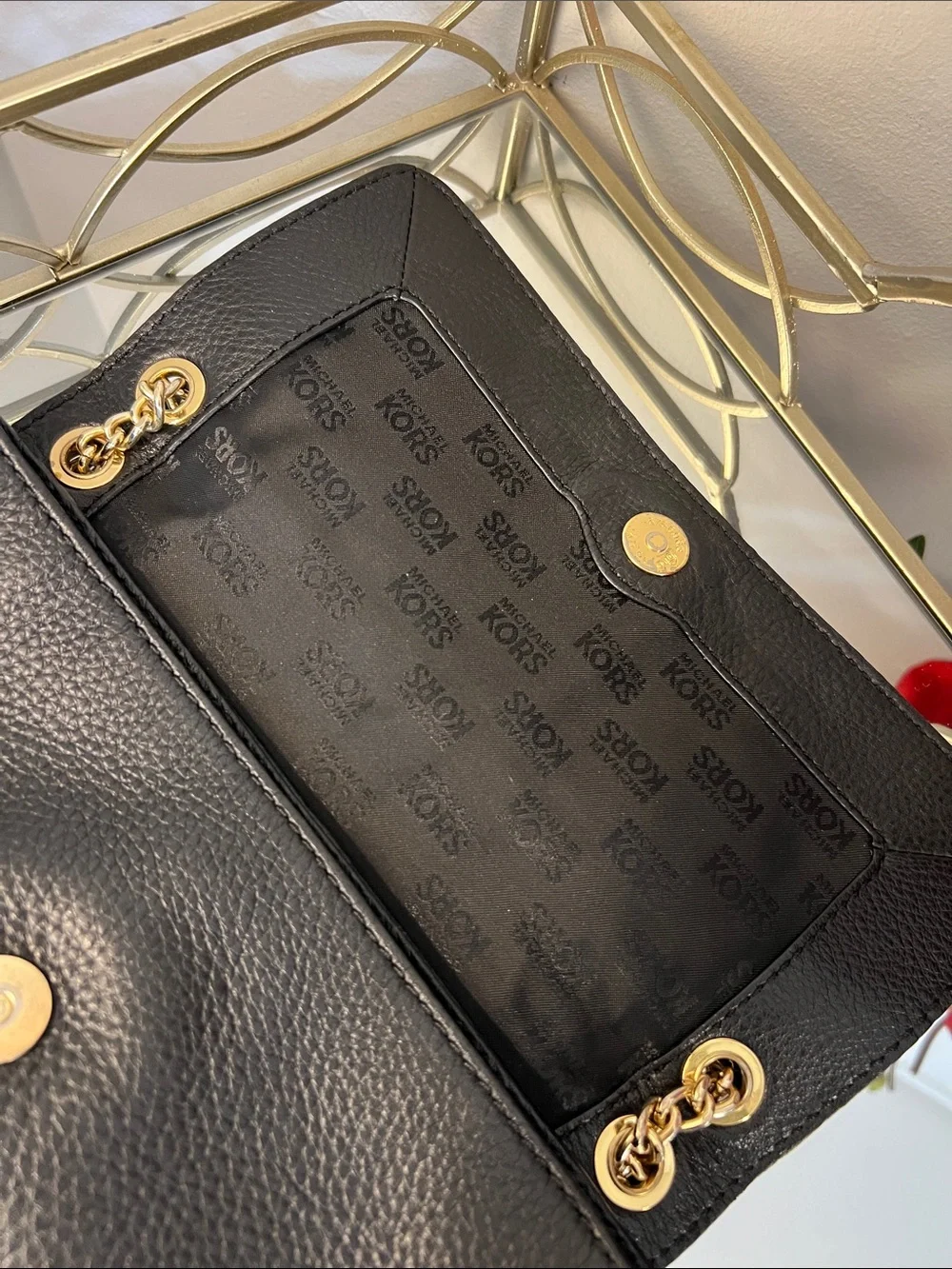 Michael Kors Fulton Flap Black Pebbled Leather Shoulder Bag with Gold Chain